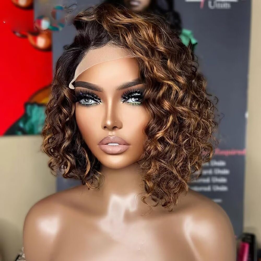 oulaer Highlight Color Curly Bob Wig Human Hair Wig 13x6 HD Transparent Lace Front Wig for Women Pre Plucked for Women Natural Hairline Wig Short Deep Wave Wig Bleached Knots 150% Density 16Inch