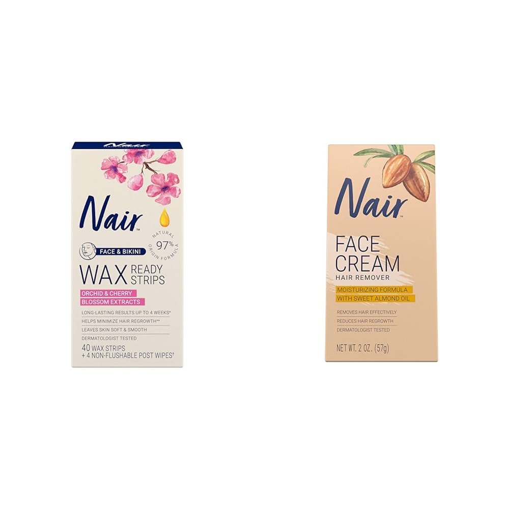 Nair Hair Removal Wax Strips, 40 Count & Face Cream, 2OZ, For Women, Long-lasting Hair Removal, Dermatologist Tested, Safe for All Skin Types, Moisturizes with Sweet Almond Oil