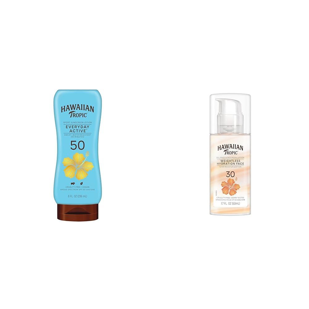 Hawaiian Tropic Everyday Active Lotion Sunscreen SPF 50, 8oz & Weightless Hydration Face Sunscreen SPF 30, 1.7oz Bundle