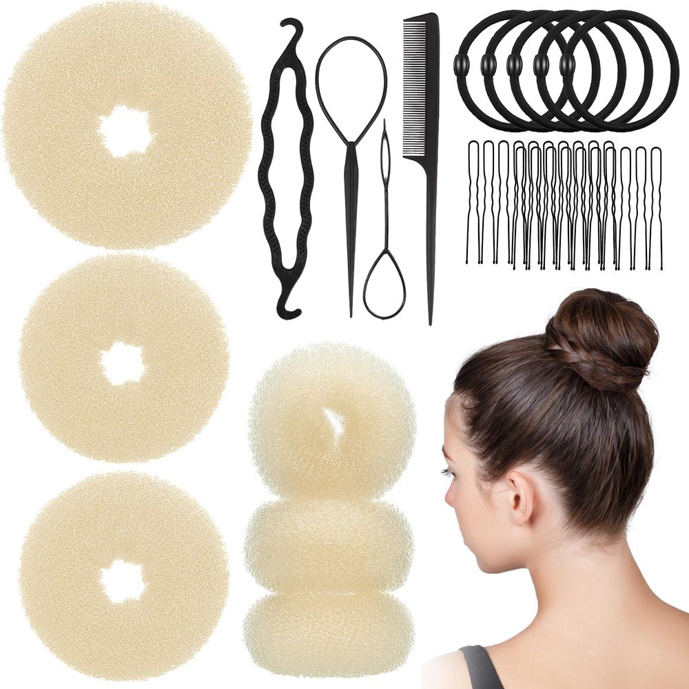 Fanterday Hair Bun Maker Set 6 PCS - Ring Style Hair Bun Donut (1 L, 2 M and 3 S) with 20 Hair Bobby, Pins 5 Elastic Bands and 4 Pony Hair Tools for Long Hair (Blonde)