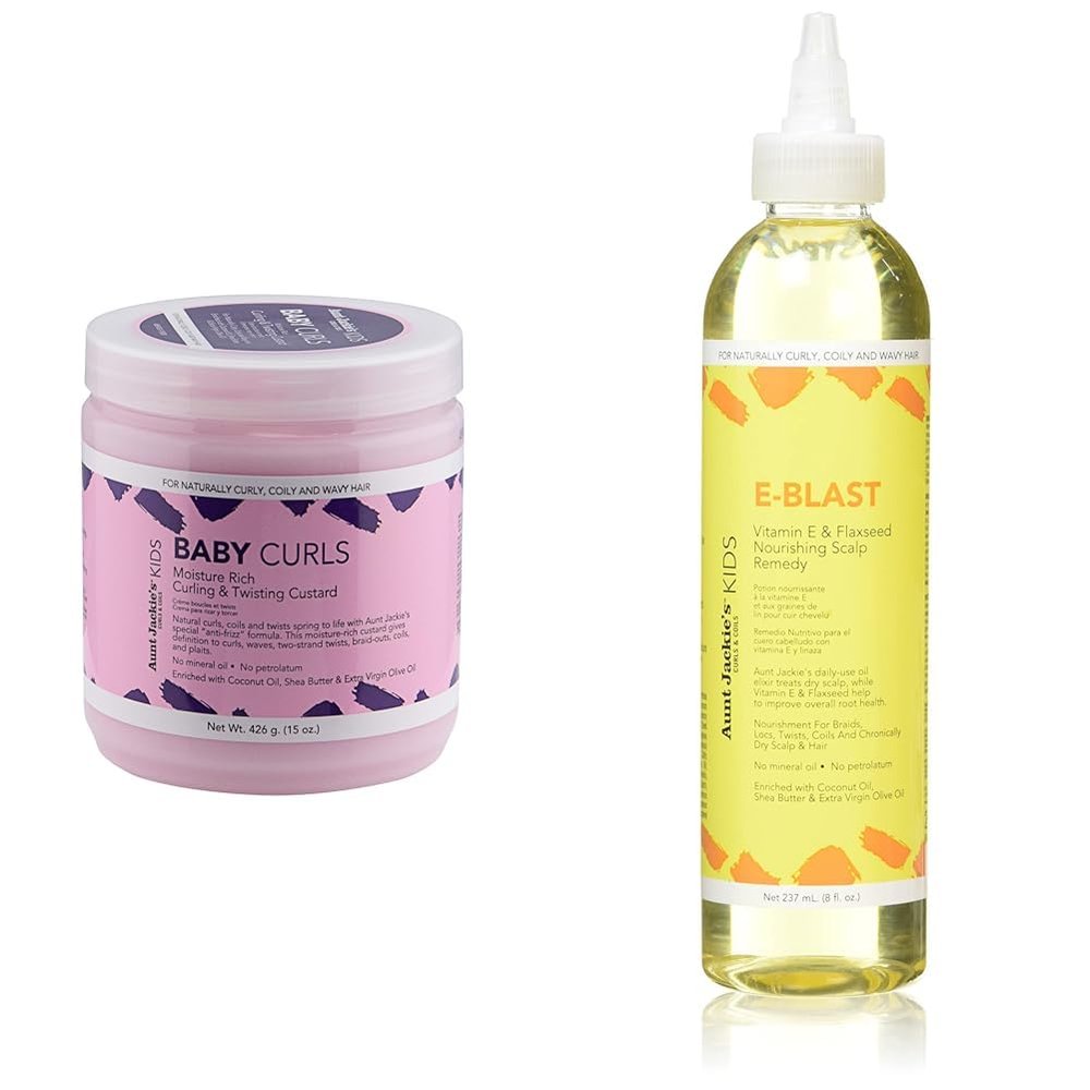 Aunt Jackie's Kids Baby Curls 15 oz & E-Blast Daily Oil 8 oz Bundle for Naturally Curly, Coily and Wavy Hair
