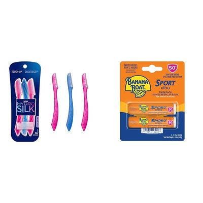 Schick Hydro Silk Dermaplaning Tool Brow Razor Peach Fuzz Remover Bundle with Banana Boat Sport Ultra SPF 50 Lip Sunscreen Twin Pack
