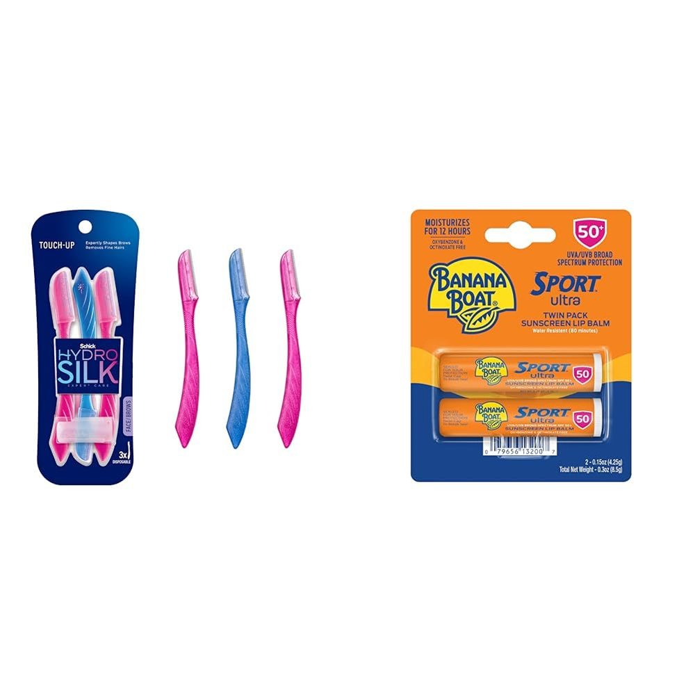 Schick Hydro Silk Dermaplaning Tool Brow Razor Peach Fuzz Remover Bundle with Banana Boat Sport Ultra SPF 50 Lip Sunscreen Twin Pack