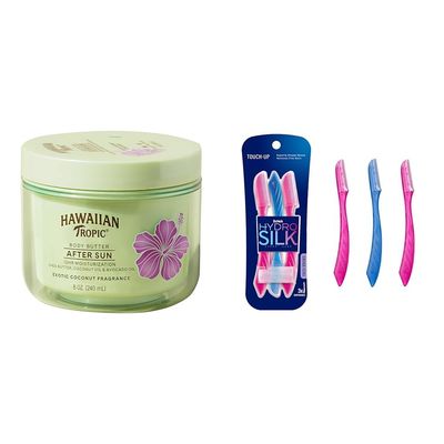 Hawaiian Tropic After Sun Body Butter with Coconut Oil, 8oz and Schick Hydro Silk Dermaplaning Tool with Precision Cover, 3ct Bundle