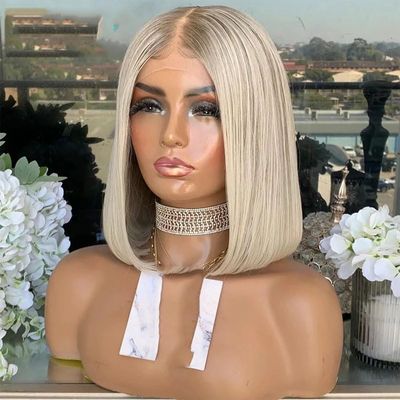 Human Hair Lace Front Wig Short Bob Straight HD Lace Frontal Wigs Platinum White Highlights Glueless