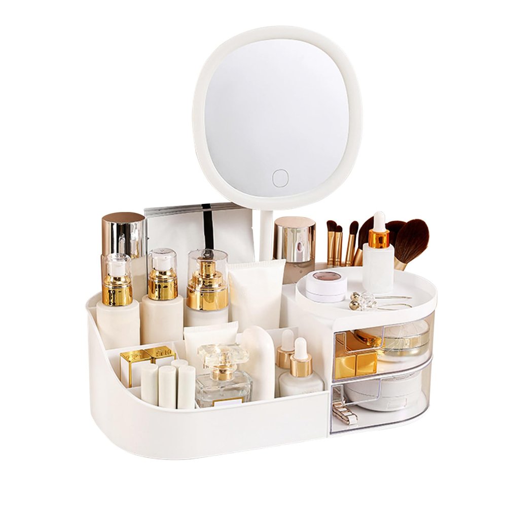 DASITON Makeup Organizer with Rechargeable Mirror,Makeup Brush Holder with 2 Drawers,Skincare and Cosmetics Organizer Countertop,Large Capacity Cosmetic Display Case for Vanity,Bedroom,Bathroom(White)