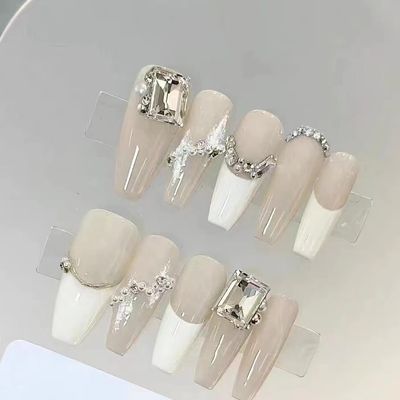 Pearl Handmade Wearing Nail, Naked Color, Elegant White Moonlight, French Nail Beauty 10pcs (Size : L, Color : 19601)
