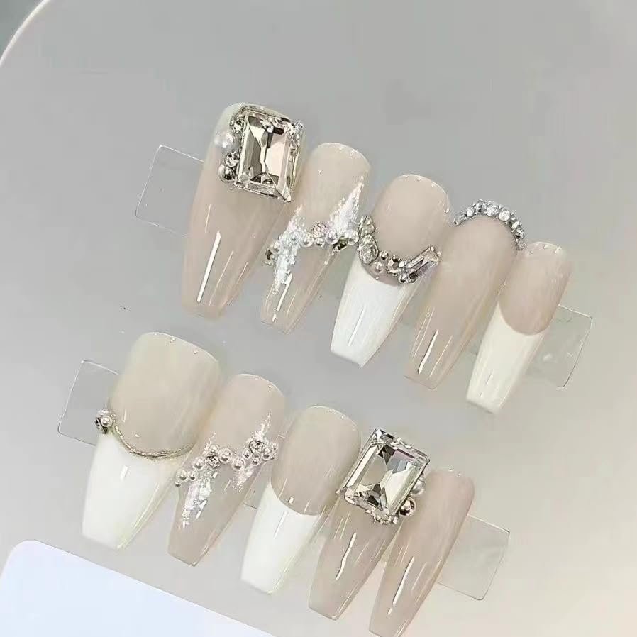 Pearl Handmade Wearing Nail, Naked Color, Elegant White Moonlight, French Nail Beauty 10pcs (Size : L, Color : 19601)