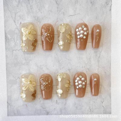 ZIIVIEVS Gold Flower Handmade Nail Wearing Phototherapy Finished Nail Beauty Tablets for Girls to Brighten Up 10pcs (Size : M, Color : GOLDEN)