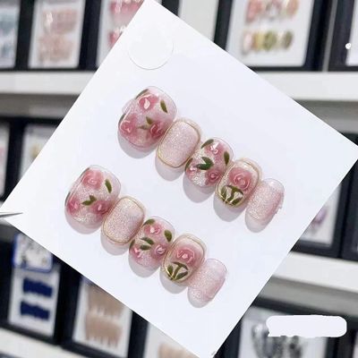 ZIIVIEVS Pink Mist Rose Handmade Wearing Nail, Gentle and Soft Crystal Cat Eye Hand Painted Detachable Nail Beauty (Color : 29196, Size : XS)
