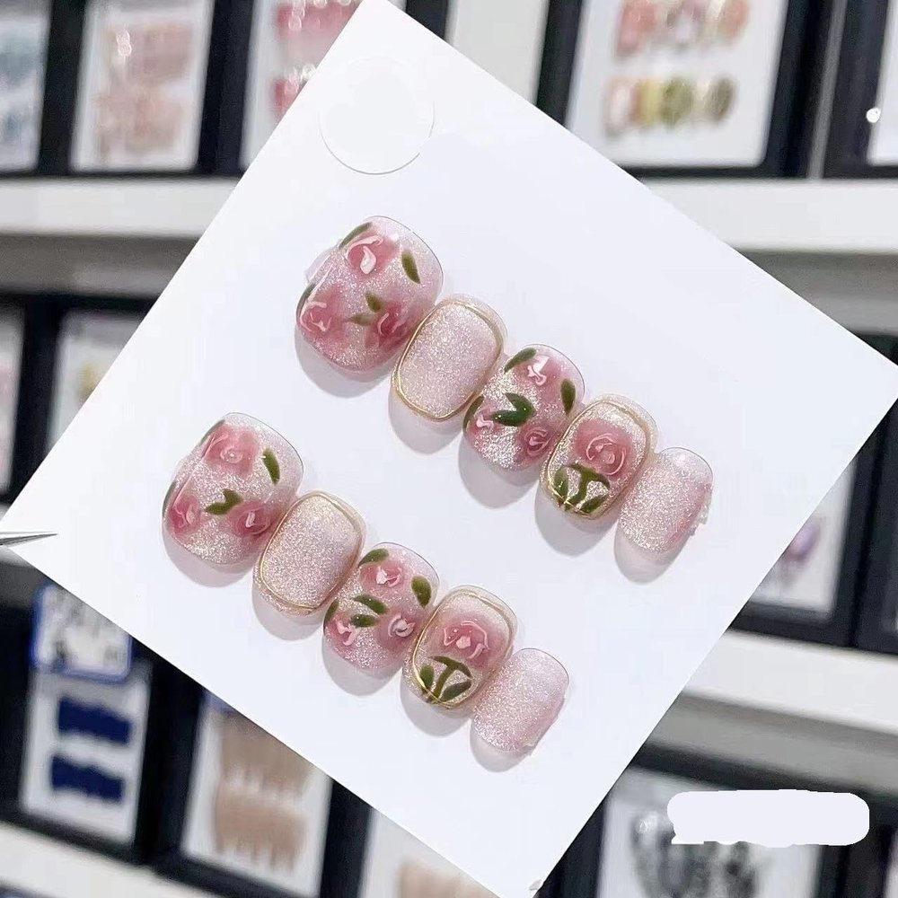 ZIIVIEVS Pink Mist Rose Handmade Wearing Nail, Gentle and Soft Crystal Cat Eye Hand Painted Detachable Nail Beauty (Color : 29196, Size : XS)