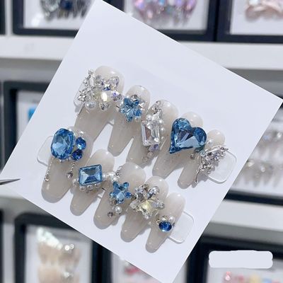Handmade wearing armor, blue large transparent diamond, long and elegant nail sticker, detachable nail plate 10PCS (Size : XS, Color : 29263)