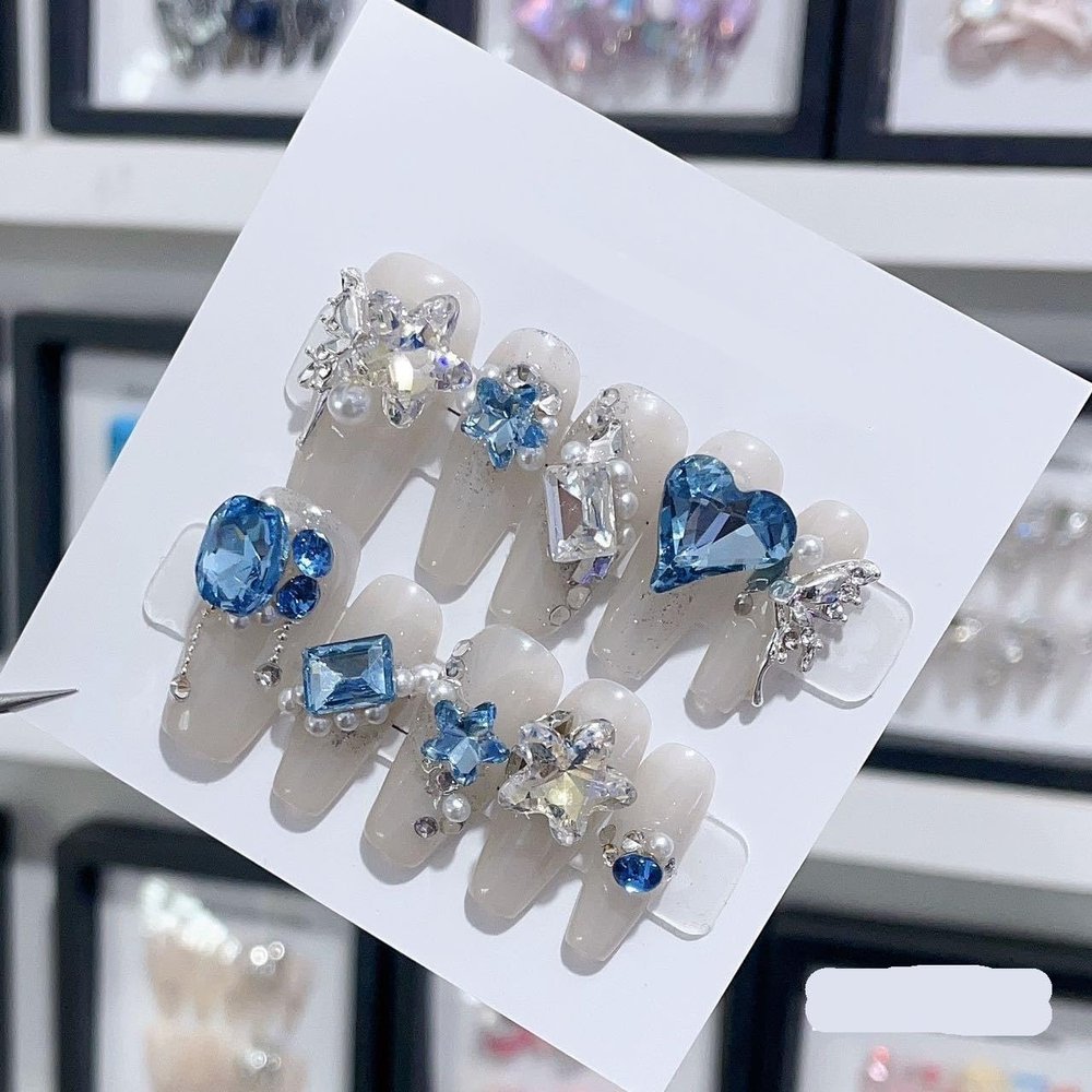 Handmade wearing armor, blue large transparent diamond, long and elegant nail sticker, detachable nail plate 10PCS (Size : XS, Color : 29263)
