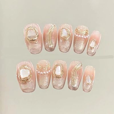 ZIIVIEVS Pearl handmade powder blusher cat's eye high sense short nail can be disassembled 10PCS (Size : S, Color : 24681)