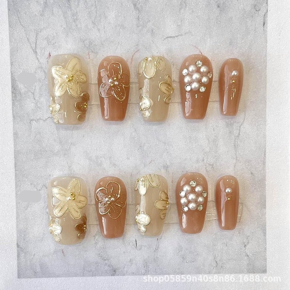 ZIIVIEVS Gold Flower Handmade Nail Wearing Phototherapy Finished Nail Beauty Tablets for Girls to Brighten Up 10pcs (Size : S, Color : GOLDEN)