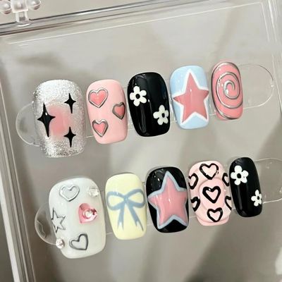 Handmade Wearing Armor Summer Painted Graffiti Short Nail Beauty Patch Sweetheart Spicy Girl 10PCS (Size : L, Color : 24506)