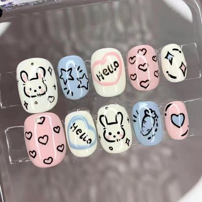ZIIVIEVS Handmade Nail Wearing Love Graffiti Handdrawn Cartoon Children's Fun Finished Short Nail Fake Nails 10pcs (Size : S, Color : 24484)
