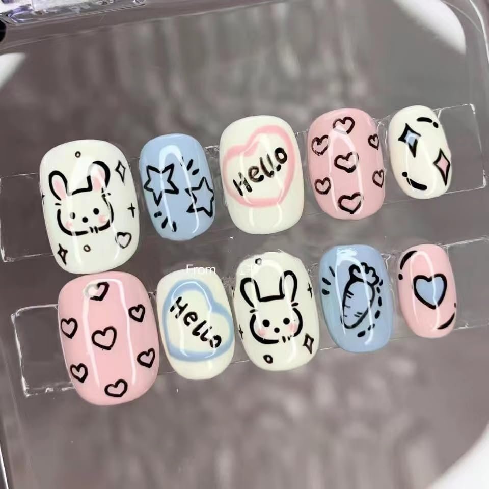 ZIIVIEVS Handmade Nail Wearing Love Graffiti Handdrawn Cartoon Children's Fun Finished Short Nail Fake Nails 10pcs (Size : S, Color : 24484)