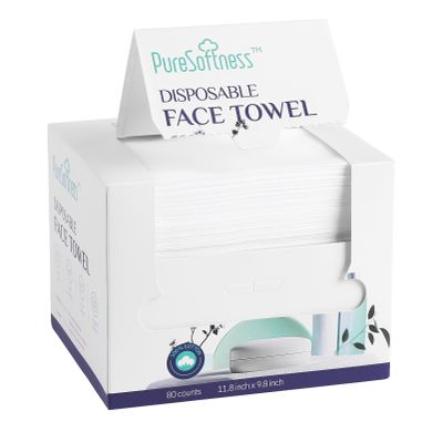 PureSoftness Disposable Face Towel, Clean Towel, Extra Large 12" x 10", Soft Dry Wipe Face Wash, Makeup Remover, Biodegradable Towelette for Sensitive Skin 80 Count (1 Pack)