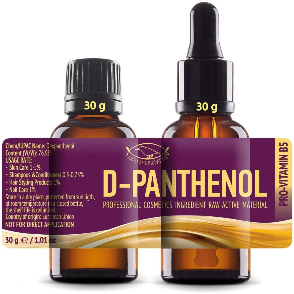 Artekas Innovation DPanthenol 76.9% Concentrate  Cosmetic Grade ProVitamin B5  for DIY Serums, Creams & Hair Care - 2 vials of 1 Ounce Each - with Pipette and Screw Cap