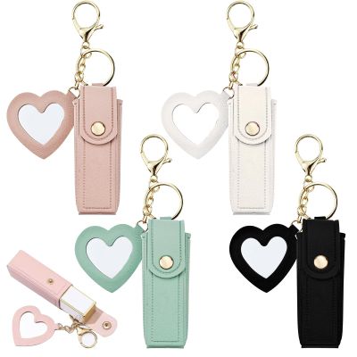 Arvintas 4 PACK PU Leather Potable Chapstick Holder Key Chain Bulk with Mirror, Lipstick Keychain, Lip Balm Organizer Holder Lipstick Travel Makeup Storage Case for Women Girls (Style 1)