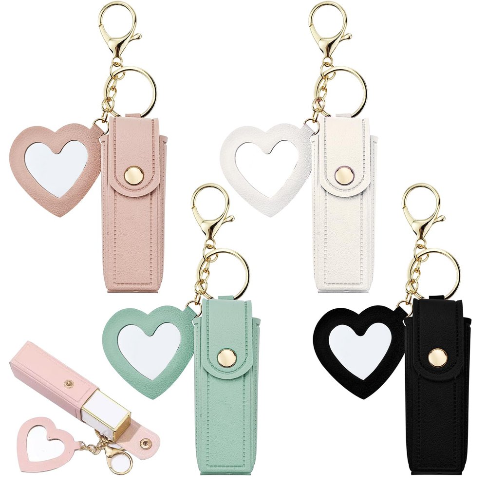 Arvintas 4 PACK PU Leather Potable Chapstick Holder Key Chain Bulk with Mirror, Lipstick Keychain, Lip Balm Organizer Holder Lipstick Travel Makeup Storage Case for Women Girls (Style 1)