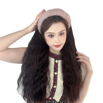 Remanbo Wave Half-hood Hair Band Long Wigs Half Wigs Synthetic Woven Wigsfor Woman Natural Wigs (Yellow headband,Black)