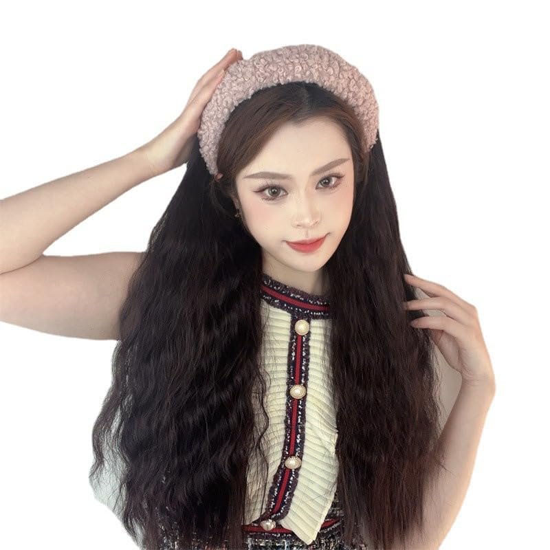 Remanbo Wave Half-hood Hair Band Long Wigs Half Wigs Synthetic Woven Wigsfor Woman Natural Wigs (Yellow headband,Black)