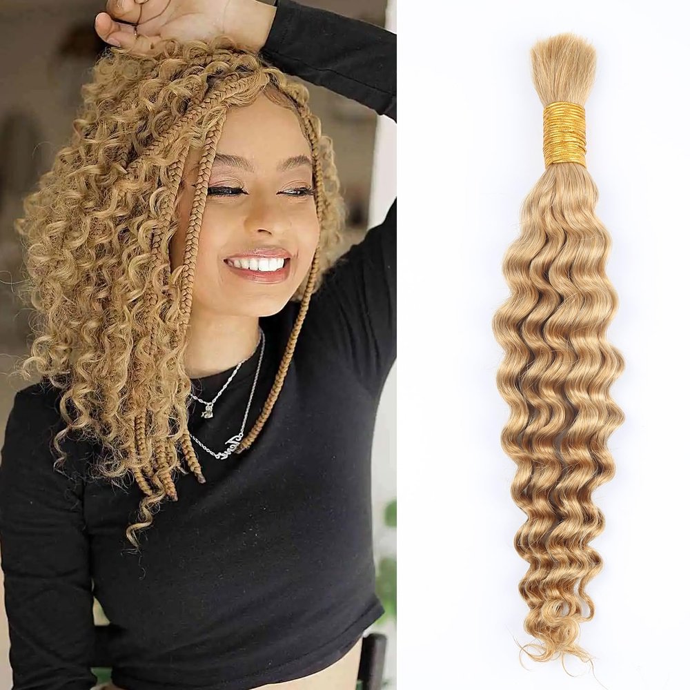Human Braiding Hair for Boho Braids Honey Blonde Deep Wave Bulk Human Hair for Braiding 14 Inch 1 Bundle 50G #27 Wet and Wavy Curly Human Hair Braiding Hair Extensions No Weft Bundles for Braiding