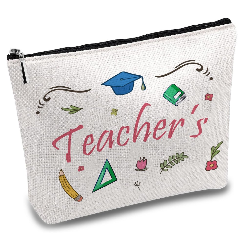 CREATCABIN Teacher's Pencil Case Makeup Bag Canvas Cosmetic Bag Multi Purpose Pen Case Zipper Toiletry Travel Bag Purse Pouches Portable Large Survival Kit for Best Teacher Graduation Gift 10 x 7 Inch