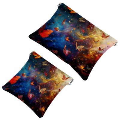 2 Pcs Pocket Cosmetic Bag, Colors Dancing Butterflies Galaxy Self-Closing Shrapnel Makeup Bag No Zipper Small Makeup Pouch for Mini Travel Storage for Cosmetics Headphones Jewelry Organizer