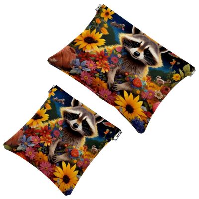 2 Pcs Pocket Cosmetic Bag, Flowers Sunflower Raccoon Self-Closing Shrapnel Makeup Bag No Zipper Small Makeup Pouch for Mini Travel Storage for Cosmetics Headphones Jewelry Organizer
