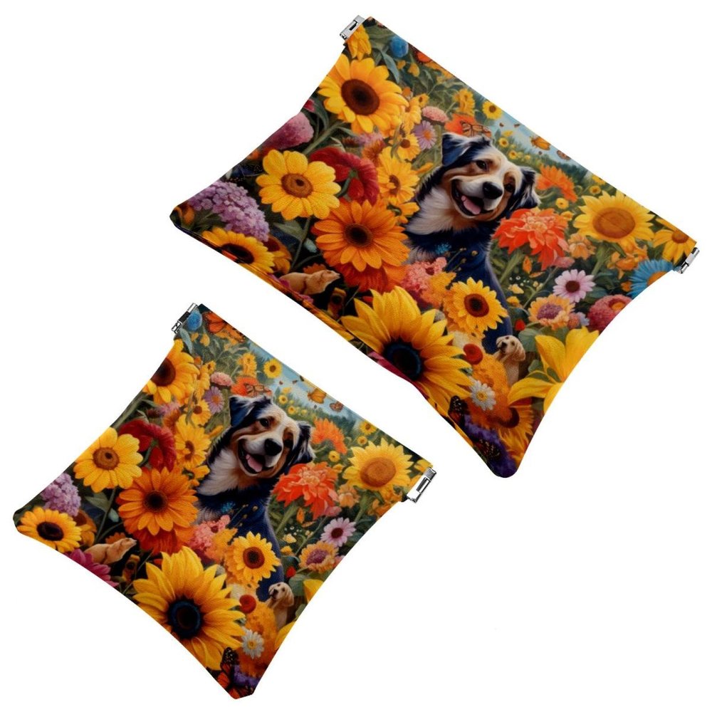 2 Pcs Pocket Cosmetic Bag, Spring Sunflower Butterflies Dog Self-Closing Shrapnel Makeup Bag No Zipper Small Makeup Pouch for Mini Travel Storage for Cosmetics Headphones Jewelry Organizer