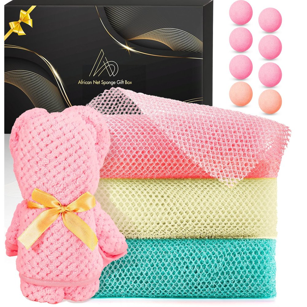 12 Pack African Net Sponge - Women's Spa Gift Basket - Home Spa Experience - Suitable as a Birthday Gift or Full Body Spa Experience Gift for Daughter, Son, Husband, Mother, Friend