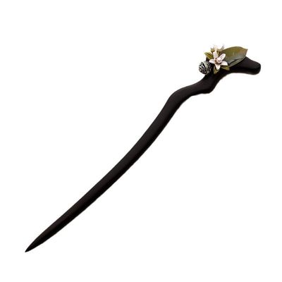 Generic Ebony hairpin flowers green leaf pearl daily Hanfu hair accessories Chinese girls simple wood hairpin cheongsam accessories, Black