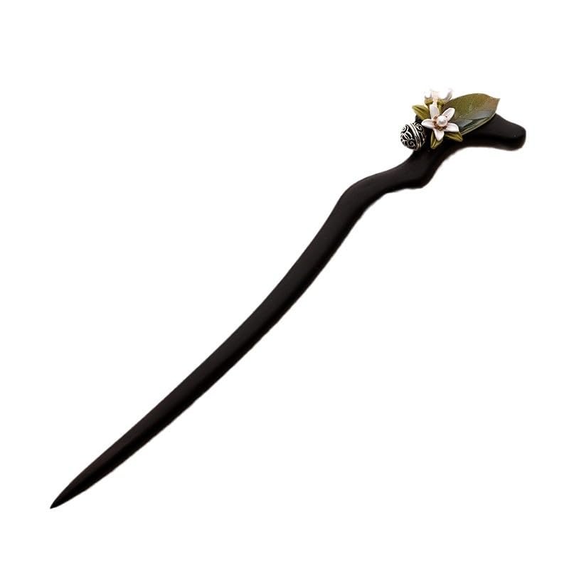 Generic Ebony hairpin flowers green leaf pearl daily Hanfu hair accessories Chinese girls simple wood hairpin cheongsam accessories, Black