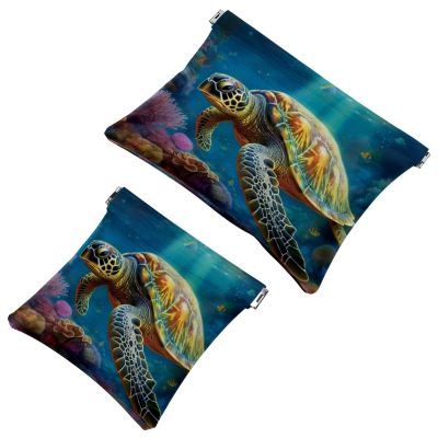 2 Pcs Pocket Cosmetic Bag, Sea Turtle Sea Water Self-Closing Shrapnel Makeup Bag No Zipper Small Makeup Pouch for Mini Travel Storage for Cosmetics Headphones Jewelry Organizer