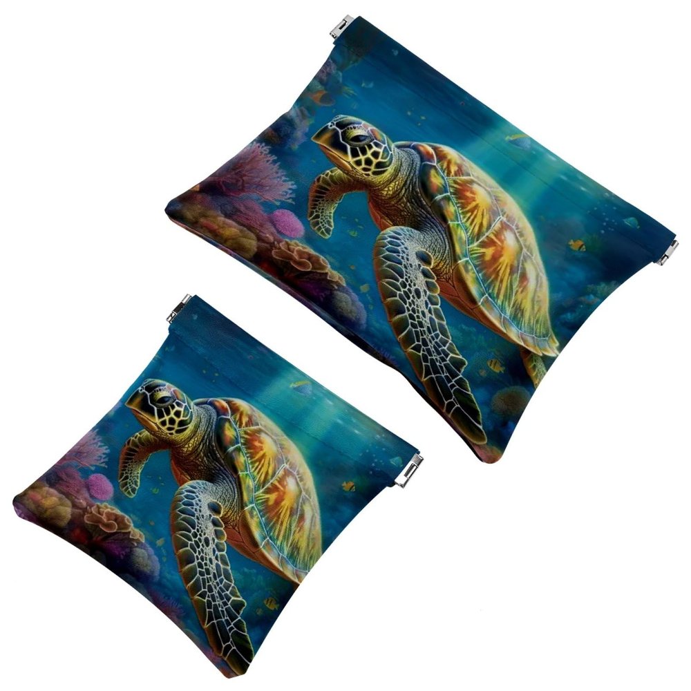 2 Pcs Pocket Cosmetic Bag, Sea Turtle Sea Water Self-Closing Shrapnel Makeup Bag No Zipper Small Makeup Pouch for Mini Travel Storage for Cosmetics Headphones Jewelry Organizer