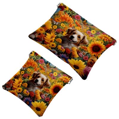 2 Pcs Pocket Cosmetic Bag, Dog Among Sunflower Butterflies Self-Closing Shrapnel Makeup Bag No Zipper Small Makeup Pouch for Mini Travel Storage for Cosmetics Headphones Jewelry Organizer