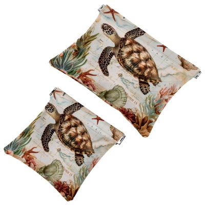 2 Pcs Pocket Cosmetic Bag, Vintage Map Sea Turtle Self-Closing Shrapnel Makeup Bag No Zipper Small Makeup Pouch for Mini Travel Storage for Cosmetics Headphones Jewelry Organizer