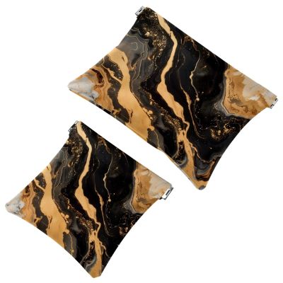 2 Pcs Pocket Cosmetic Bag, Black Golden Marble Print Self-Closing Shrapnel Makeup Bag No Zipper Small Makeup Pouch for Mini Travel Storage for Cosmetics Headphones Jewelry Organizer