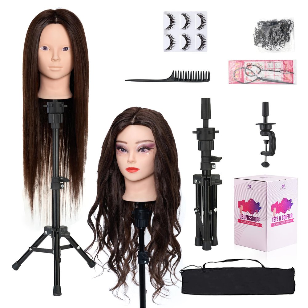 28 Inch Mannequin Head 80% Real Hair with Tripod Stand, Cosmetology Manikin Practice Doll Head,Braiding Hairdressing Head with Table Clamp + DIY Hair Styling Set #4