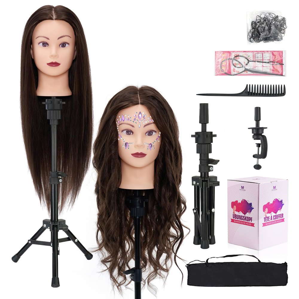 28" Mannequin Head with 80% Real Hair,Cosmetology Manikin Practice Doll Head,Braiding Head with Tripod Stand with Table Clamp + DIY Hair Styling Set #4