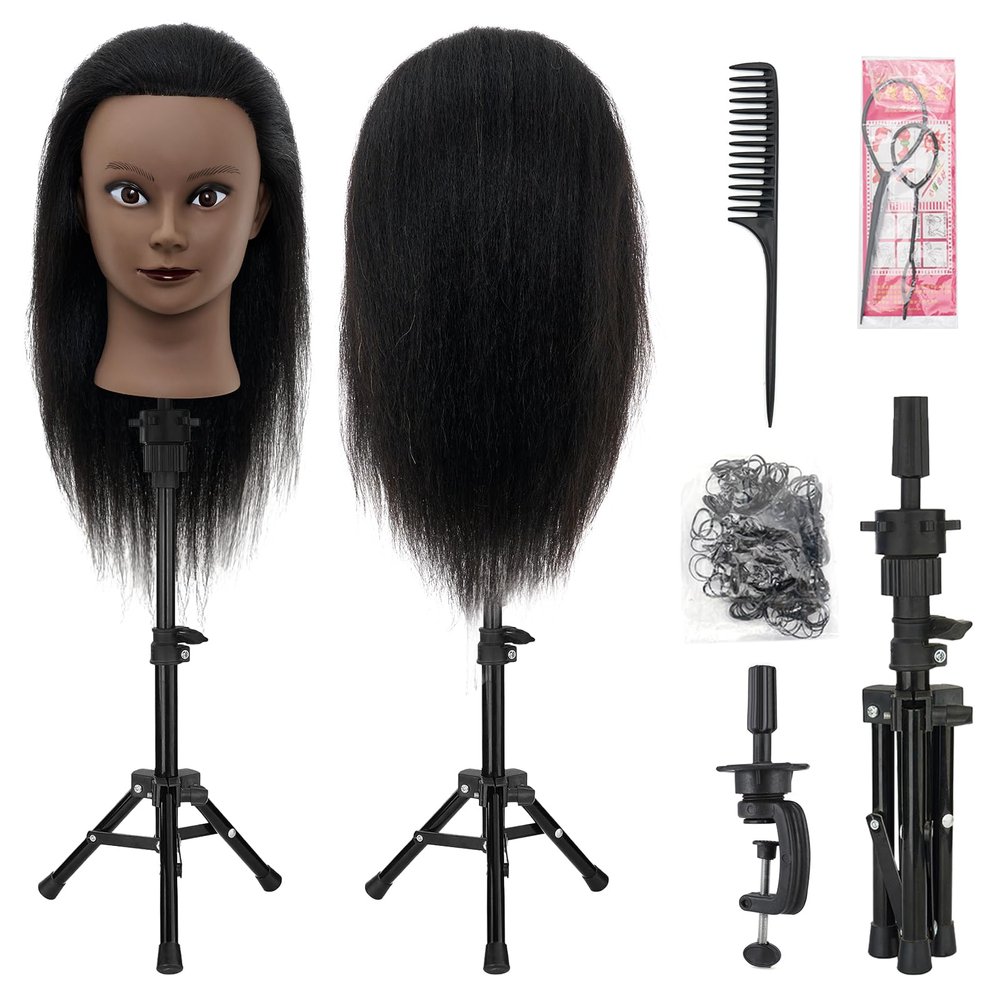 Mannequin Head 100% Real Hair,14-16 Braiding Mannequin Head with Stand&Table Clamp,Real Hair Cosmetology Manikin Head with Mannequin Head Stand