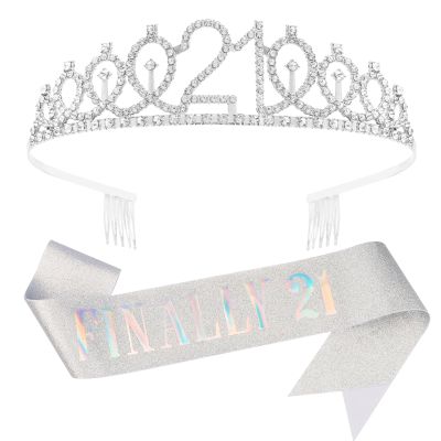 KICOSY 21st Birthday Crown and Sash for Women Girls, Princess Tiara Headpiece for Party Hair Accessories Gifts, Silver