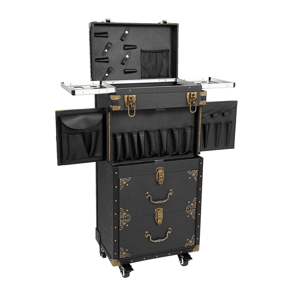 AGULIUM Rolling Makeup Train Case, Lockable Makeup Beauty Salon Luggage, Large Storage Cosmetic Trolley, Aluminum Cosmetology Supply Suitcase on Wheels,Traveling Cart Trunk, Black