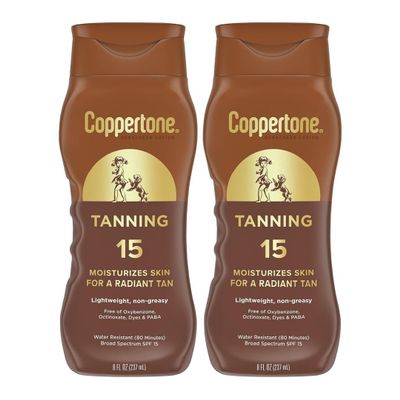 Coppertone Tanning Sunscreen Lotion, SPF 15, Broad Spectrum, Water Resistant | Vitamin E Enriched | Free of Harmful Chemicals | 16 Fl Oz | Pack of 2