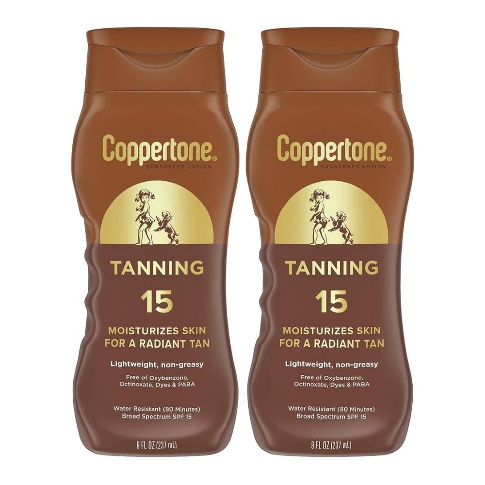 Coppertone Tanning Sunscreen Lotion, SPF 15, Broad Spectrum, Water Resistant | Vitamin E Enriched | Free of Harmful Chemicals | 16 Fl Oz | Pack of 2