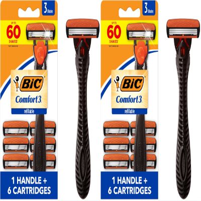 BIC Comfort 3 Refillable Three-Blade Disposable Razor for Men, Sensitive Skin Razor For a Comfortable Shave, 1 Handle and 6 Cartridges, 7 Piece Razor Set (Pack of 2)