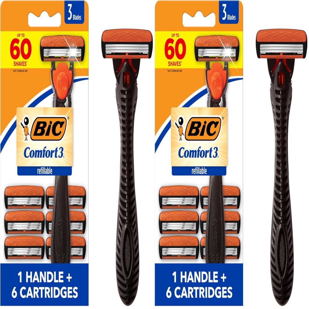 BIC Comfort 3 Refillable Three-Blade Disposable Razor for Men, Sensitive Skin Razor For a Comfortable Shave, 1 Handle and 6 Cartridges, 7 Piece Razor Set (Pack of 2)